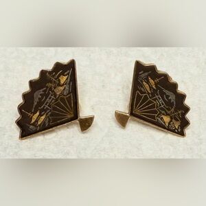 Retro Japanese Damascene Earrings Amita Fan Mt Fuji Black Gold Silver Screw-On